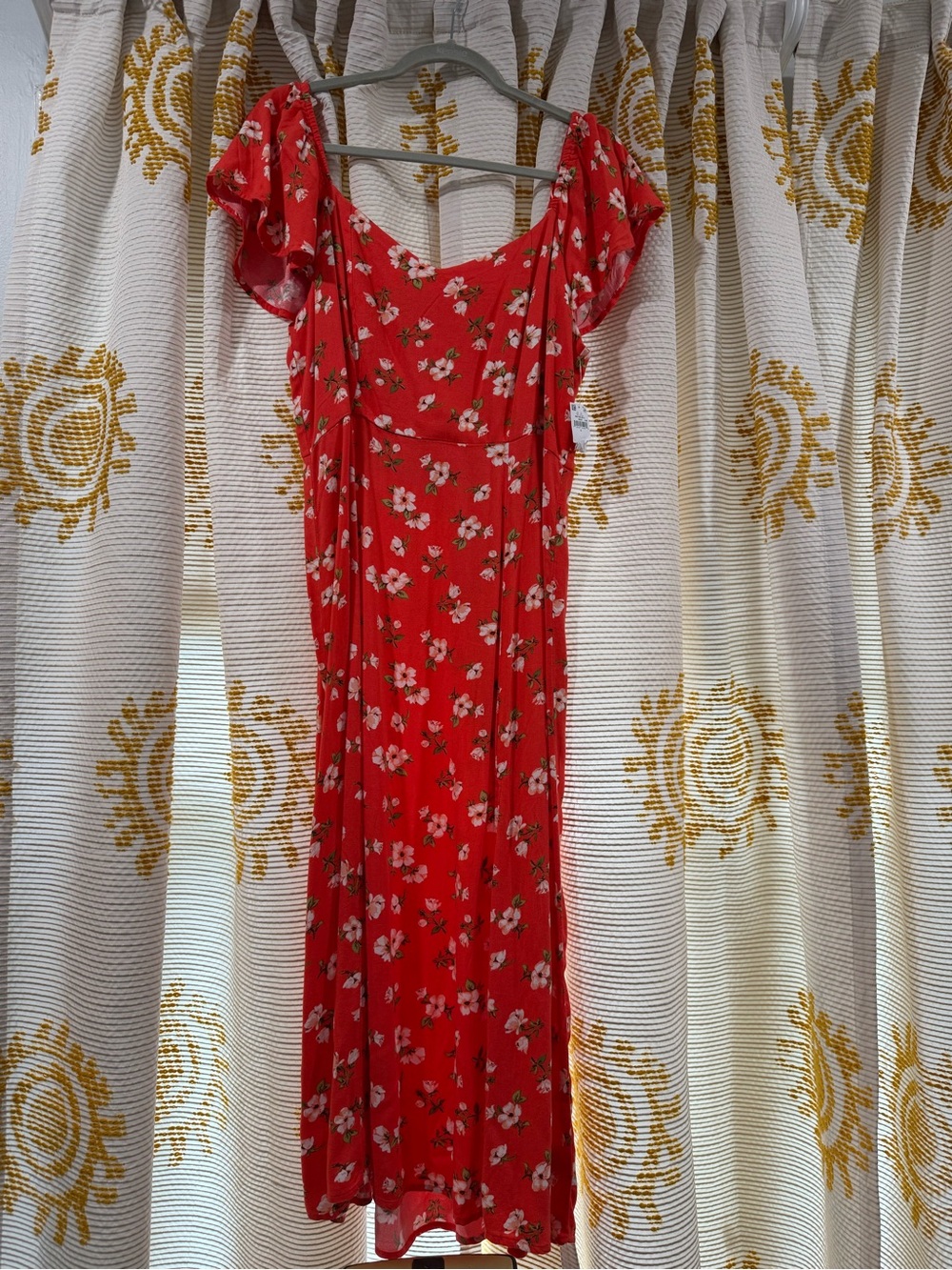 Old Navy Red Floral Maxi Dress with Flutter Sleeves